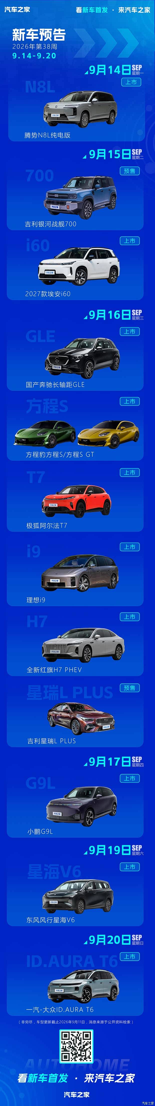 奔驰长轴距GLE、方程S/S GT等 2026年第38周(9.14-9.20)新车预告
